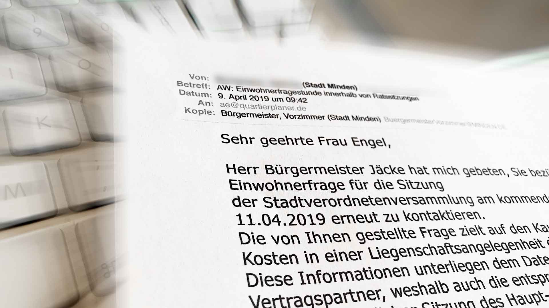 E-Mail der Stadt Minden mit Absage der Einwohnerfrage